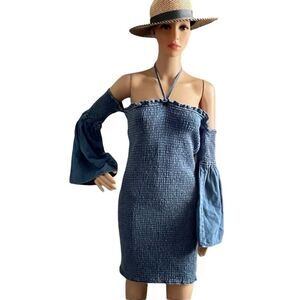 ASOS Denim Bandage Mini Dress with Halter Strap and Attached Bell Sleeve Size 8